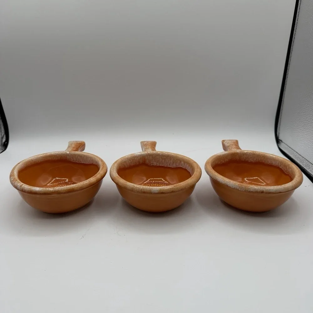 Vintage Set of 3 Hull Orange Tangerine Drip Glazed Chili Soup Bowls w/Handle USA